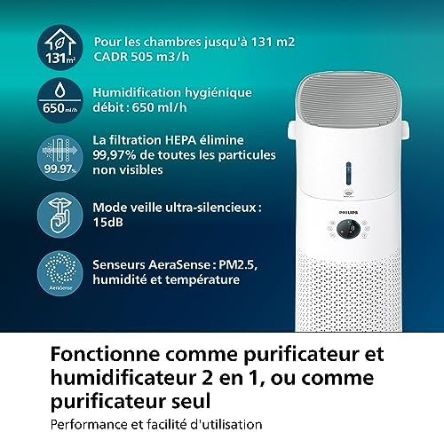 Purificateur d'air & Humidificateur 2-en-1 3000, HEPA, Blanc
