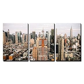 3 Piece Canvas Wall Art - Skyline View of City Buildings - Modern Home Art Stretched and Framed Ready to Hang - 16"x24"x3 Panels
