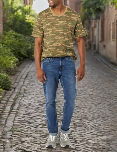 AMAZON ESSENTIALS 100% COTTON T SHIRTS FOR MEN, REGULAR-FIT SHORT-SLEEVE V-NECK, PACK OF 2, AVAILABLE IN BIG & TALL, BLACK/CAMO PRINT, MEDIUM