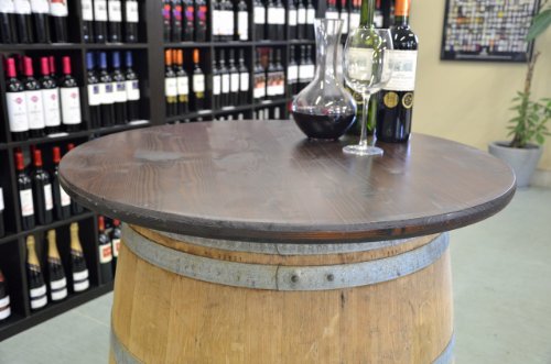 Temesso Dekofass, Stehtisch aus echtem Weinfass, Gartentisch mit Tischplatte nussbaumfarben lackiert D80 cm - Fass Natur unbehandelt – Bild 7