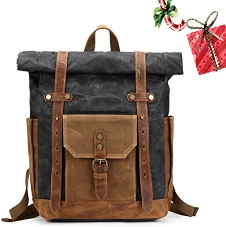 Vintage Canvas Leather Bag Commuter Backpack Waxed Canvas & Leather Laptop Backpack Work-to-weekend Travel Backpack 11.8" x 5.1" x 19.7"(Dark Gray)