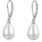 Rnivida 925 Sterling Silver Pearl Drop Leverback Dangle Earrings,Single White Pearl Jewelry Gift for Female Friends Women
