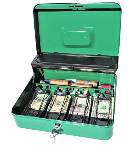 Cash Box with Money Tray | Petty Cash Lock Box | Tiered Design with Cash Tray for Bills and Coins | Portable Money Box | Ideal for Cash Registers and Petty Cash | Secure Lock with 2 Keys | Scout Green - Thumbnail 5