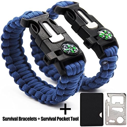 GOGOLUCK 2 Pack Emergency Survival Paracord Bracelets Tactical Survival Gear with Multi Tool Compass Fire Starter Emergency Knife Whistle Rescue Rope Blue+Survival Pocket Tool+Survival Pocket