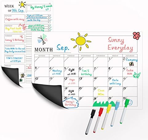 Magnetic Dry Erase Calendar Set (2 pack), Weekly and Monthly Whiteboard Planner&Memo for Kitchen Refrigerator - TimberRain