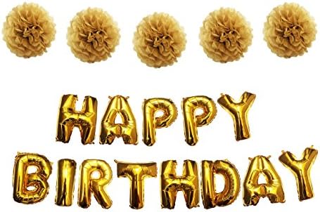 Gold Happy Birthday Party Balloons Banner | 5 Gold Tissue Pom Poms | Shiny Balloons | Includes FREE Inflation Straw & 16 Feet of Gold String | Ideal Size 16”Balloons & 8”Pom Poms