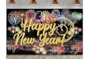 Happy New Year Banner Sign Poster Backdrop with Fireworks for New Year Photo Booth Background Party Decoration,70.8 x 43.3 in