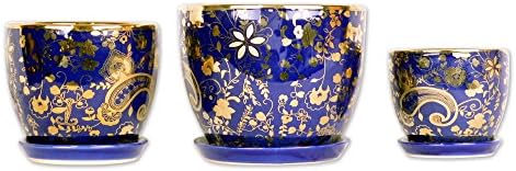 TransSino Treasures A Trio of Ceramic Planter with Tray Gold Plated in Sapphire Blue