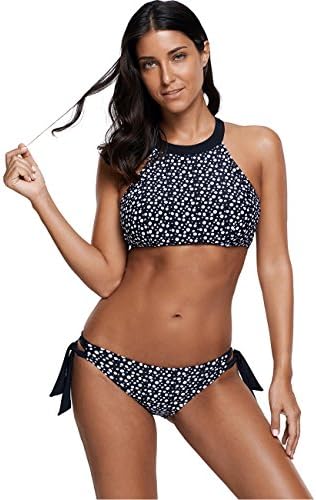 Women's High Neck Halter Bikini Set Two Piece Swimwear Bathing Suit Monochrome M