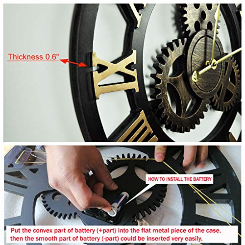 Evursua Vintage Decorative Wall Clock Large 16inch with Industrial Gears Non Ticking Home Decor Clocks,Battery Operated,Metal Effect (Gold)