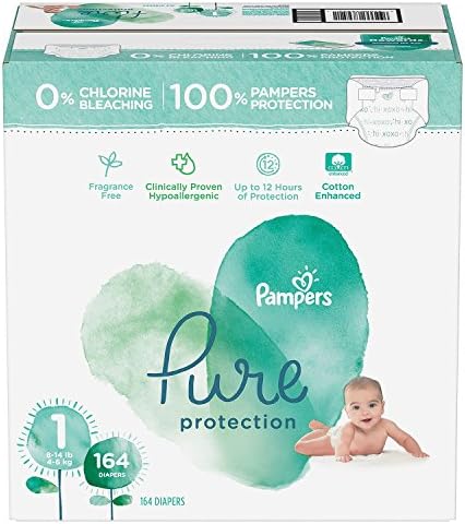 [100% Clinically proven hypoallergenic] 'Pampers' Pure Protection Diapers, Premium cotton, Soft, Size 1, Count 164 ct [Free of chlorine bleach, fragrance, lotion, parabens, and EU 26 allergens]