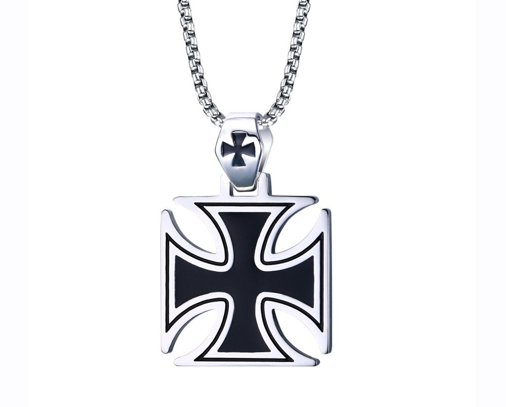 XUANPAI Stainless Steel Black Maltese Cross Jesus Pendant Necklace Catholic Christian Easter Prayer Jewellery for Men Boy Round Box Chain