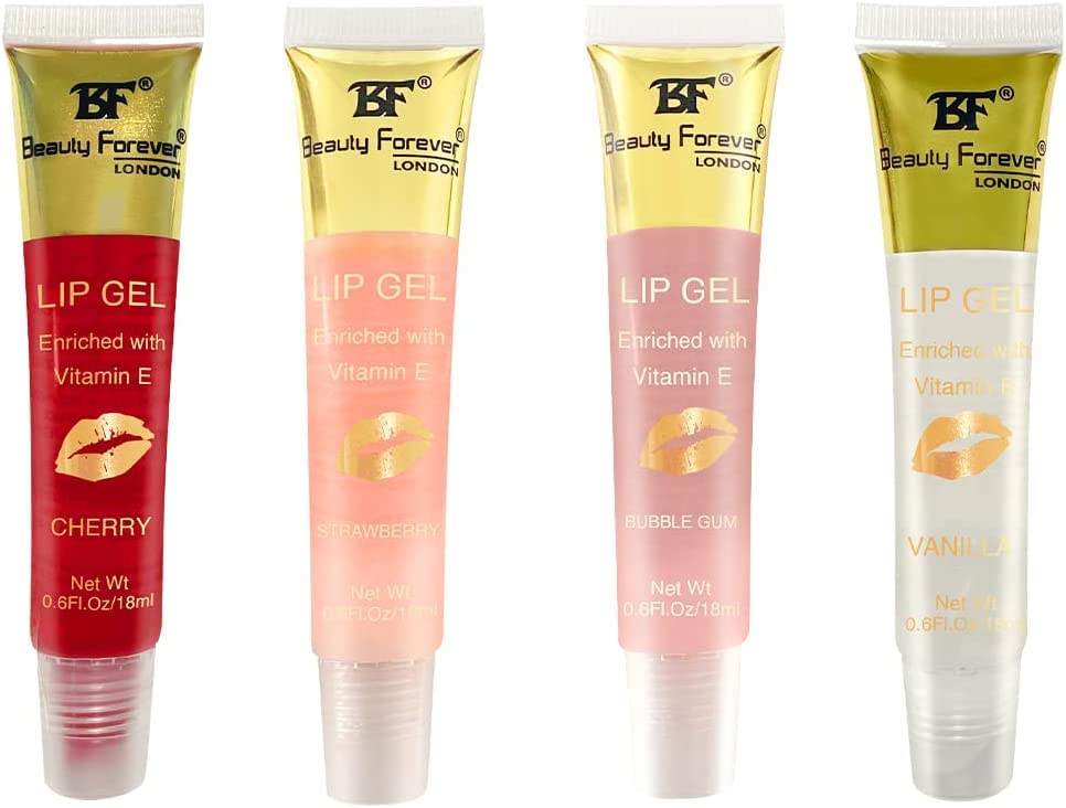 Beauty Forever Clear Moisturising Lip Gel, with Vitamin E, Pack of 4 Flavours, Vanilla, Strawberry, Cherry, Bubble Gum, 18ml each