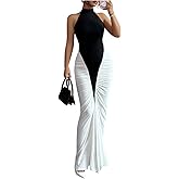 GORGLITTER Women's Halter Maxi Dress Ruched Bodycon Formal Birthday Evening Elegant Wedding Guest Cocktail Dresses