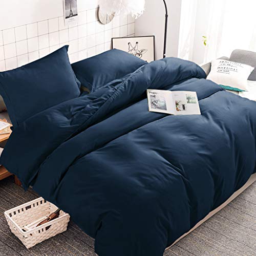 INGALIK Bedding 3 Piece Duvet Cover Set King Size with Zipper Closure Ultra Soft Breathable 100% Washed Microfiber Hotel Luxury Solid Color Collection 3pc (1 Duvet Cover + 2 Pillow Shams) Navy Blue - Thumbnail 7