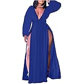 Ekaliy Women's Plus Size Sleeveless Deep V Neck Front Split Long Maxi Wrap Dress