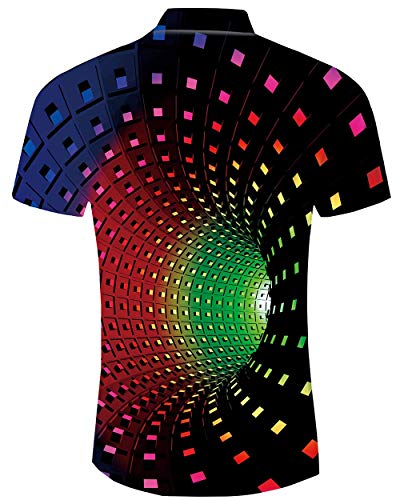 RAISEVERN Men\'s Casual Button-Down Shirts 3D Colourful Tunnel Print Short Sleeve Hawaiian T-Shirts Casual Aloha-Shirt for Holiday L