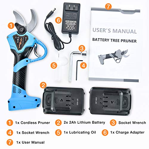 SALEM MASTER Professional Cordless Electric Pruning Shears with 2 Pack Backup Rechargeable 2Ah Lithium Battery Powered Tree Branch Pruner, 30mm (1.2 Inch) Cutting Diameter, 6-7 Working Hours