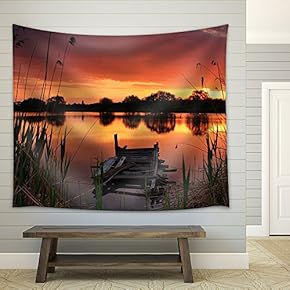 Old Bridge on Sunset on The Lake - Fabric Wall Tapestry Home Decor - 51x60 inches