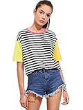 ROMWE Women's Contrast Neck And Sleeve Striped Tee Multicolored L