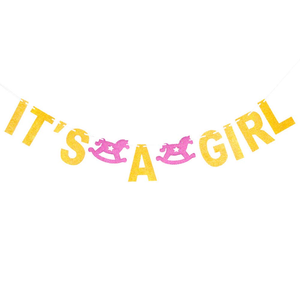Senmaid It's a Girl Bunting Banner Pink Golden Glitter Letters with Ribbons for Girls Birthday Baby Shower Party Garland Decorations