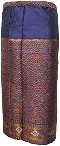 Purple Gold Lao Laos Synthetic silk wrap Sinh Skirt Free size SK13