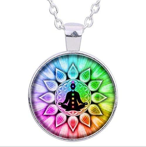 Colorful Flower of Life chakras Cabochon Meditation, Buddha Glass Pendant ,Necklace