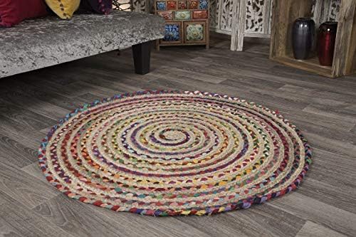 Second Nature Online Mishran Eco Friendly Medium Round Braided Rug Flat Weave with Natural Jute and Multi Colour Recycled Material 90 cm Diameter