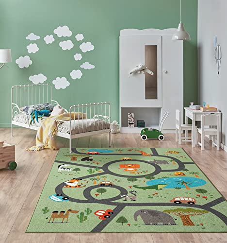 the carpet Happy Life – Kinderteppich Spielteppich mit Straßen‑Motiv, Dschungel, Tiere & Autos, rutschfest & pflegeleicht, ideal fürs Kinderzimmer, Gr