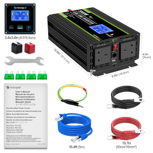 NOVOPAL 2000W Pure Sine Wave Inverter 24V to 230V 240V Car Power Converter with LCD Display, 2 UK Outlets,1 USB Port,Remote Control for Motorhomes, Truck, Boat, Camping, Household, Van