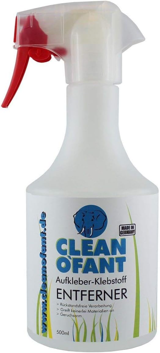 CLEANOFANT Aufkleber + Klebstoff-ENTFERNER 500 ml Spray - Entfernen von Klebstoffresten, Dichtstoffen, Silikonöl. Lösen von Aufkleber, Folie, Etikett. für Lack, Metall, Kunststoff, Glas