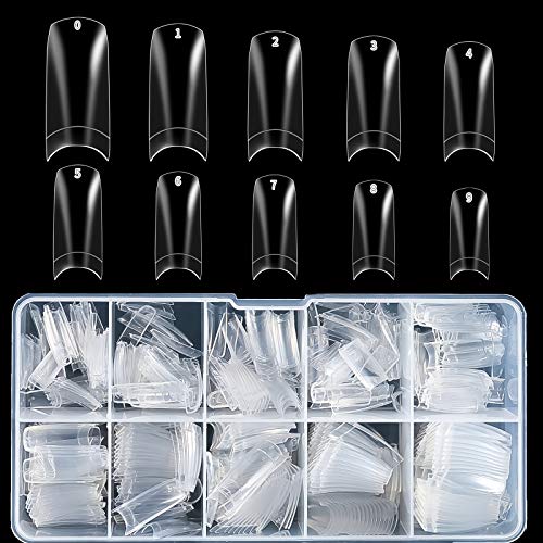 Acrylic Nails Tips Kit, 500PCS French False Nails Clear Half Cover Fake Nails with 5 Nail Glues,1 Nail Clipper,2 Nail Files,2 Nail Polishing Files1 Nail Brush 2 Nail Separator
