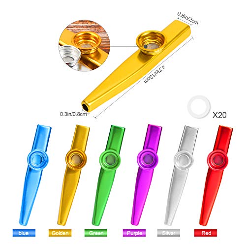 HIFOT 12pcs Metal Kazoo Musical Instruments Kazoos Multipack for Adults Kids with 20pcs Kazoo Flute Diaphragms for Guitar, Ukulele, Violin, Piano Keyboard - 6 Colors - Thumbnail 6
