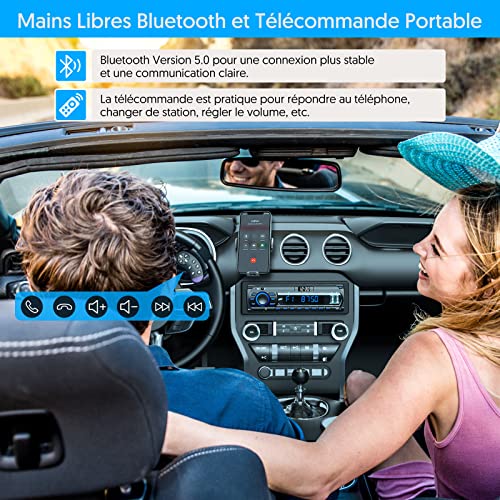 RDS Bluetooth 5.0 Car Radio with LCD Clock Display, 7 Colours Lighting, 4 x 65 W Car Radio 1 Din for 9-24 V Car, Supports Handsfree/FM/AM/2 USB/AUX/SD/TF/MP3