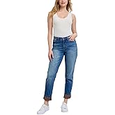 Judy-B Women's Casual Straight-Leg Jeans High-Waisted Plaid Print Cuff Denim Pants with Pockets Medium Blue