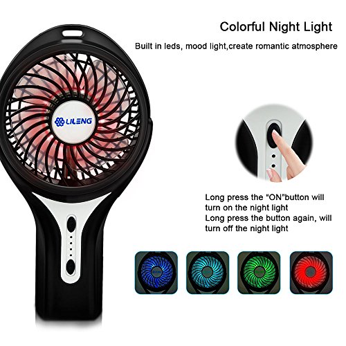 Anpress Mini Personal USB Rechargeable Handheld Fan with 3 Speed Adjustable, 7-Colorful Night Light, Battery/USB Powered, Portable Cool Student Fan for Home Office Outdoor and Travel (Black) - Thumbnail 2