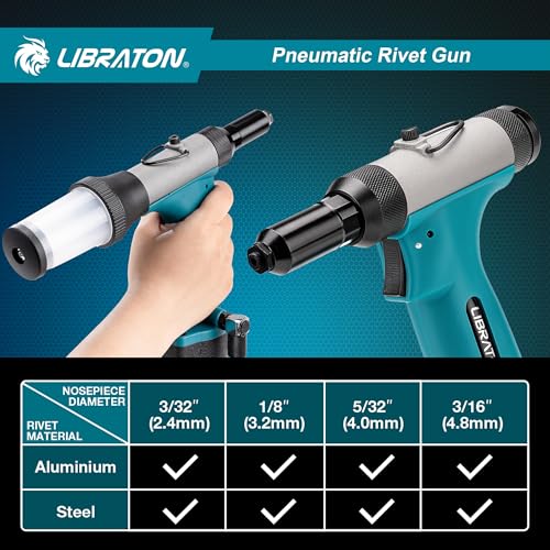 LIBRATON Pneumatic Riveter Kit, Heavy Duty Pneumatic Riveter Gu 2.4mm 3.2mm 4.0mm 4.8mm with 200c Rivet, Professional Auto Repair Tool, Suctio Design