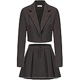 EXLURA Women's Long Sleeve Blazer Suit Sets with Pleated Mini Skirt Fall 2 Piece Outfits Trendy Y2K Fashion Clothes