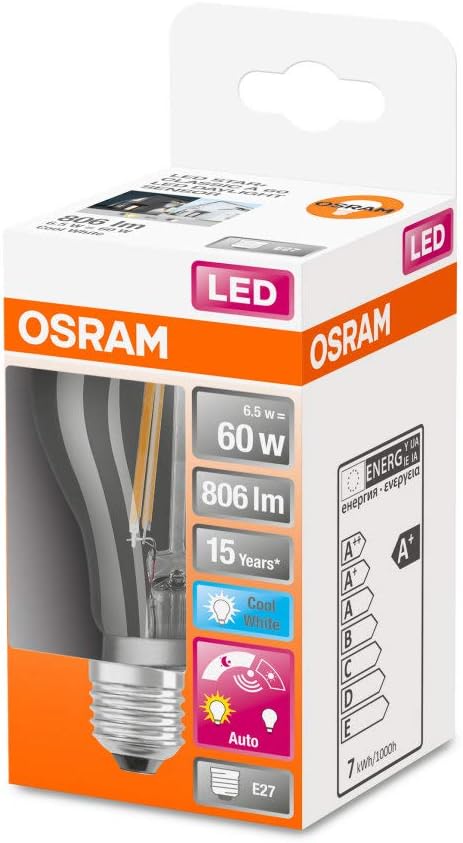 OSRAM LED Lamps, Special, Daylight Sensor, Classic Bulb A, 6.5 W, Clear, Set of 4 Lamps - Image 4