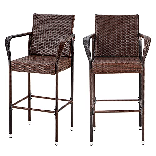 COOLNIC 2 Pieces Wicker Outdoor Bar Stools Patio Chairs with Armrest UV