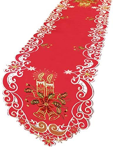 Yosichy クリスマス刺繍テーブルランナー 豪華なポインセチアキャンドルとホリーテーブルランナー クリスマスデコレーション用 15x69インチ レッド