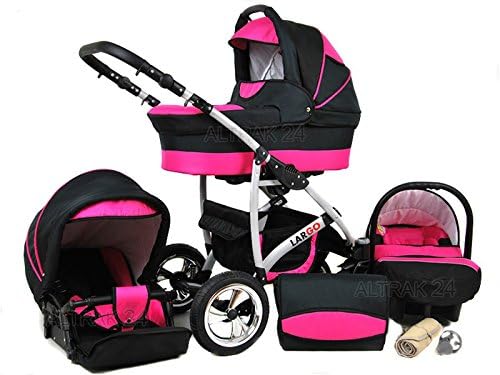 Baby Pram Pushchair Stroller Buggy Travel System Set Raff Largo + Baby Bag + Rain Cover + Mosquito Net (3in1 (Baby tub + Sport seat + Car seat), Magenta-Black)