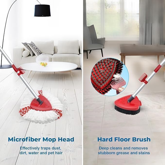 Spin Mop Head Replacement Compatibility with Vileda All Turbo System, 2 Microfiber Mop Refill+1 Handle+1Base+1 Cleaning Brush Comb, Shower Floor Scrubbing Brush Replace Head Deck Scrubber