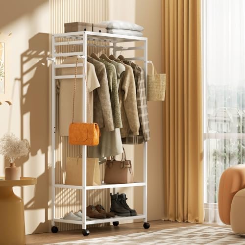 Porte Vêtements sur Pieds Roulant Blanc: Armoire Ouverte Penderie Bambou Porte Manteau et Chaussures avec 1 Barre et 4 Patères Idéal pour Maison Salon Chambre Entrée - 78x41x169cm
