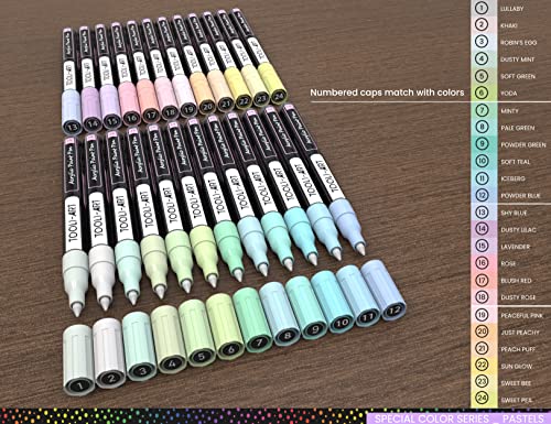 TOOLI-ART 24 acrylic pastel paint markers with extra fine 0.7mm tip for painting on rock, glass, wood, metal, canvas, details, non-toxic, quick drying.