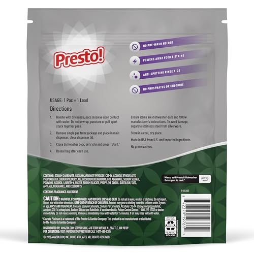 AMAZON BRAND – PRESTO! TRIPLE ACTION DISHWASHER PACS, ANTI-SPOTTING, FRESH SCENT, NO PHOSPHATES OR CHLORINE, 70 COUNT