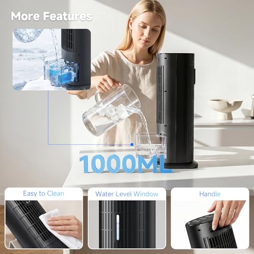 Portable Air Conditioner, Silent Air Cooler, Portable Air Conditioner with Fan Speed, Timer, Large Capacity Water Tank, for Home, Office (Black)