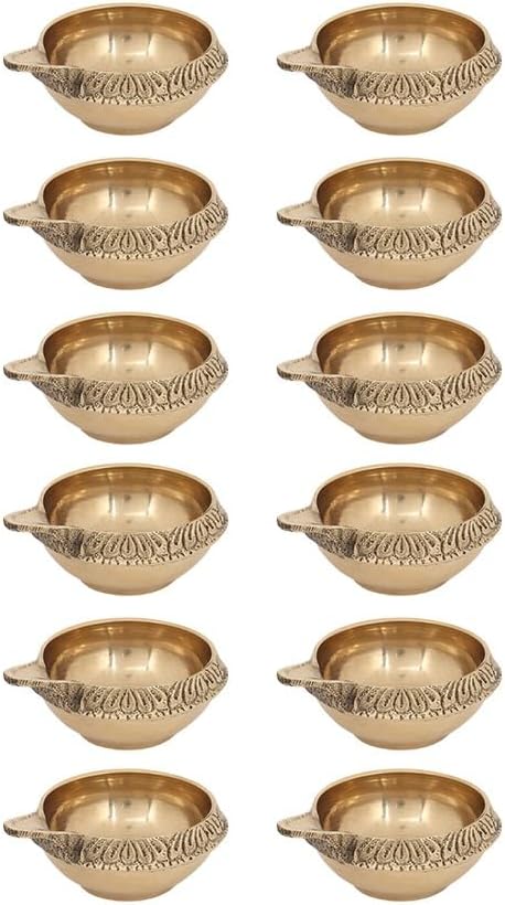 Oil Lamps & Accessories - Hashcart® Brass Diya Kuber Diya Handmade Indian Puja Oil Lamp Engraved Design Diya for Diwali Pooja 2.5 Inch (Set of 12)