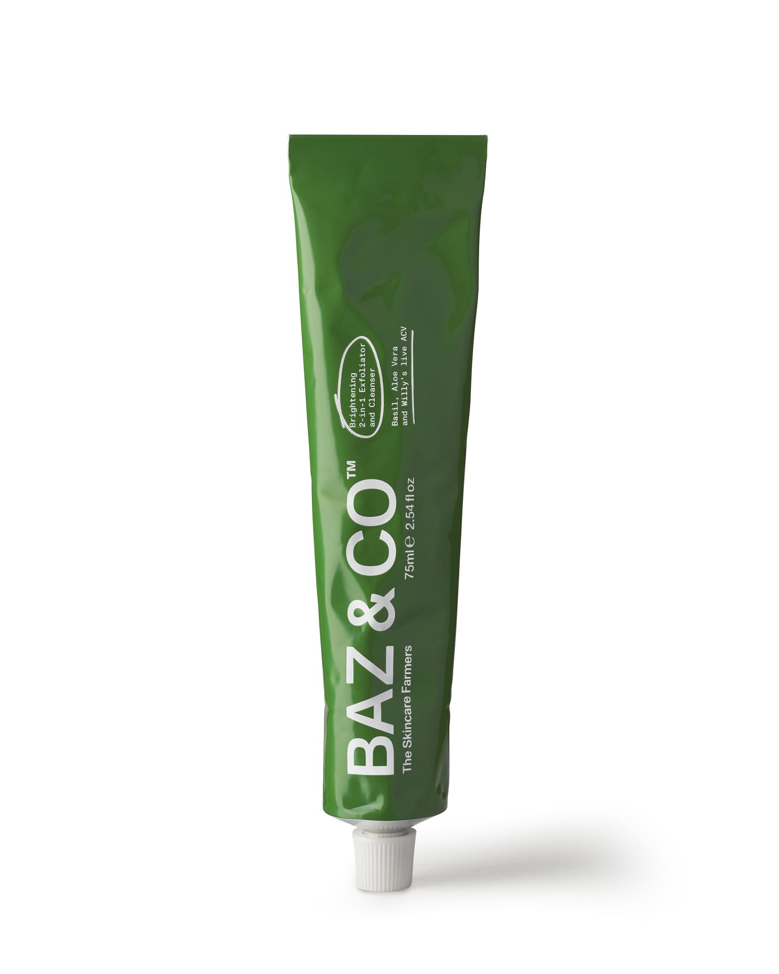 BAZ & CO Men's Face Exfoliator and Cleanser 2-in-1 With Basil, Aloe Vera and Apple Cider Vinegar – Brightening Face Scrub and Gentle Facial Cleanser For Men, Removes Grime and Pollution – 75ml