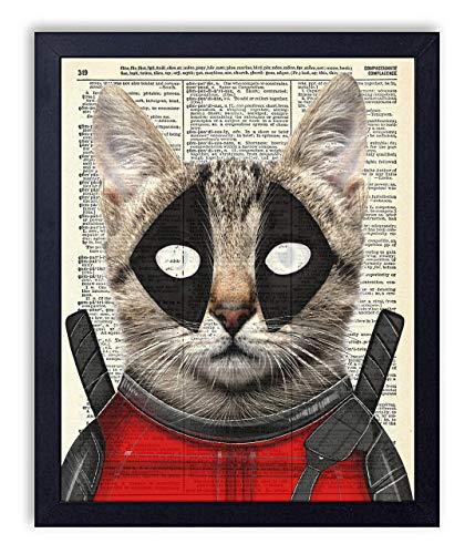 Deadpool Cat - X-Men Avengers Justice League Superhero Kids Bedroom Wall Decor - Vintage Wall Art Upcycled Dictionary Art Print Poster For Kids Room Decor 8x10 inches, Unframed
